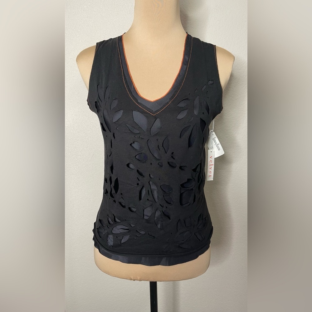 Velvet Black Cutout V-Neck Tank with Orange Trim